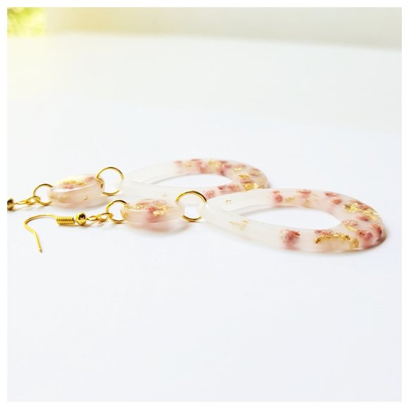 Statement Earrings Gold and Blush Pink Floral Milk Bath Handmade Teardrop Dangle - Picture 8 of 12